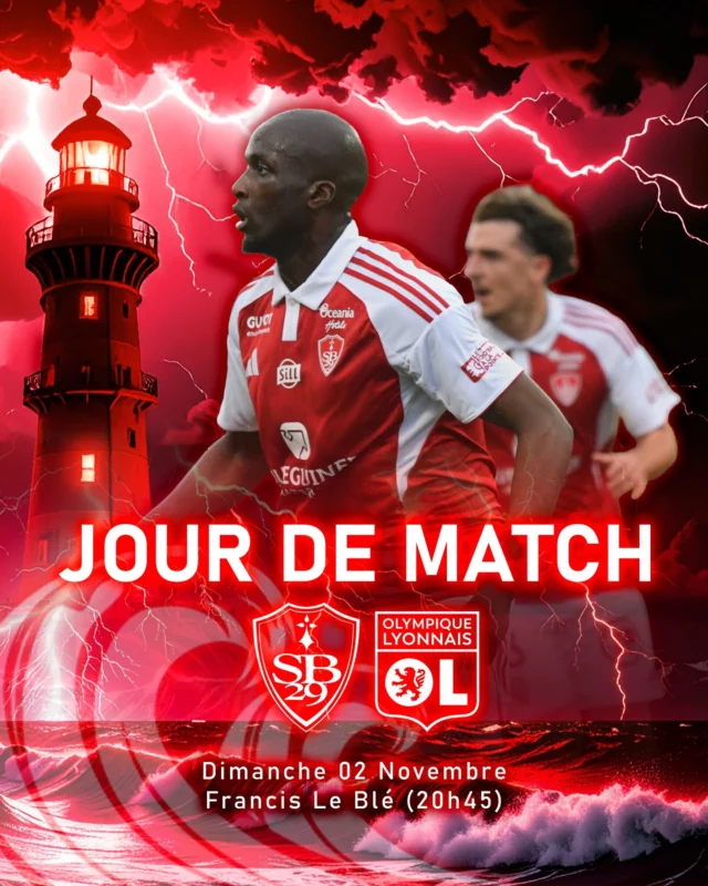 C'est jour de match !
Le @stadebrestois29 reçoit l' @ol à Le Blé ce dimanche soir à 20h45
#sb29ol